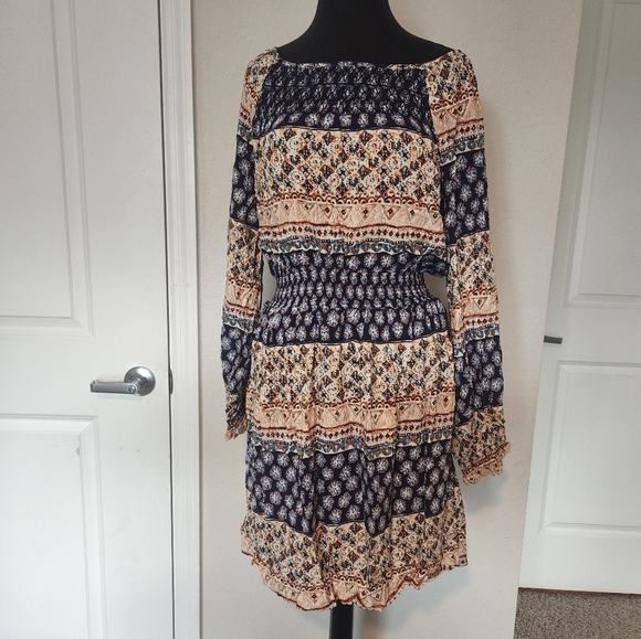 Blue and Orange Bateau Neck Long Sleeve Sundress